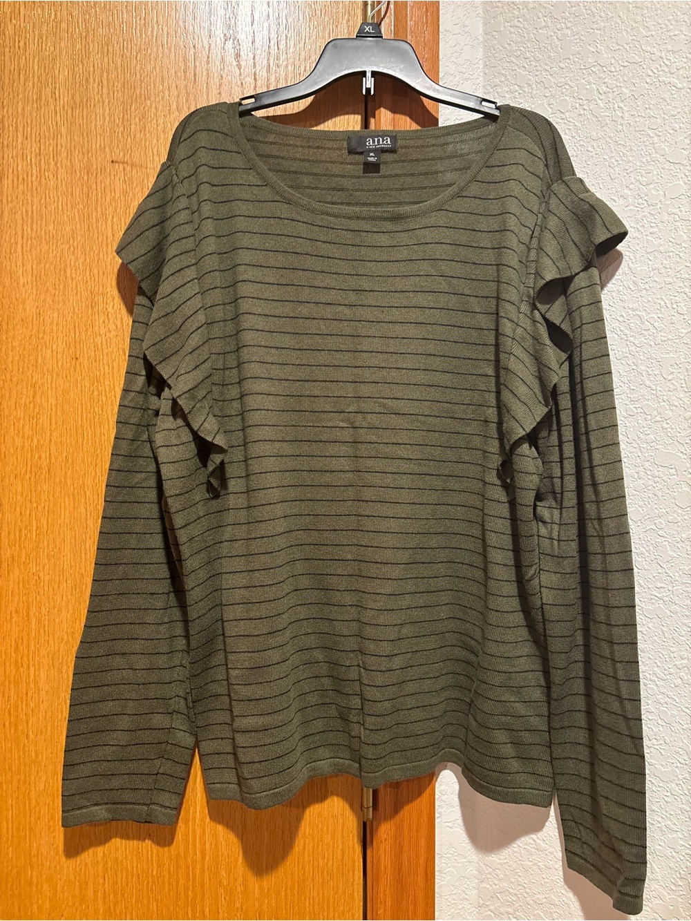 Olive Green Striped Knit Ruffle Long Sleeve Shirt